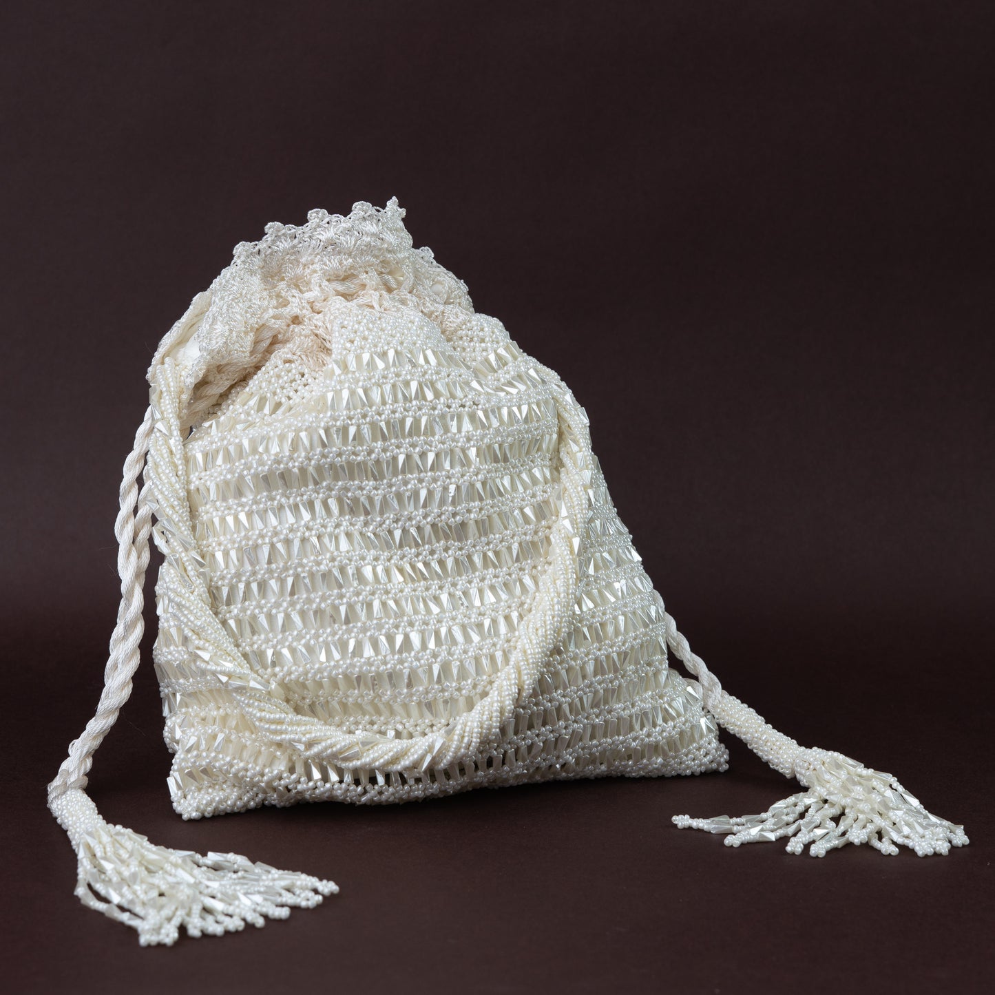 Handcrafted White Crochet & Beaded Potli