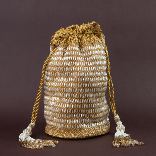 Gold & Ivory Beaded round base Crochet Potli