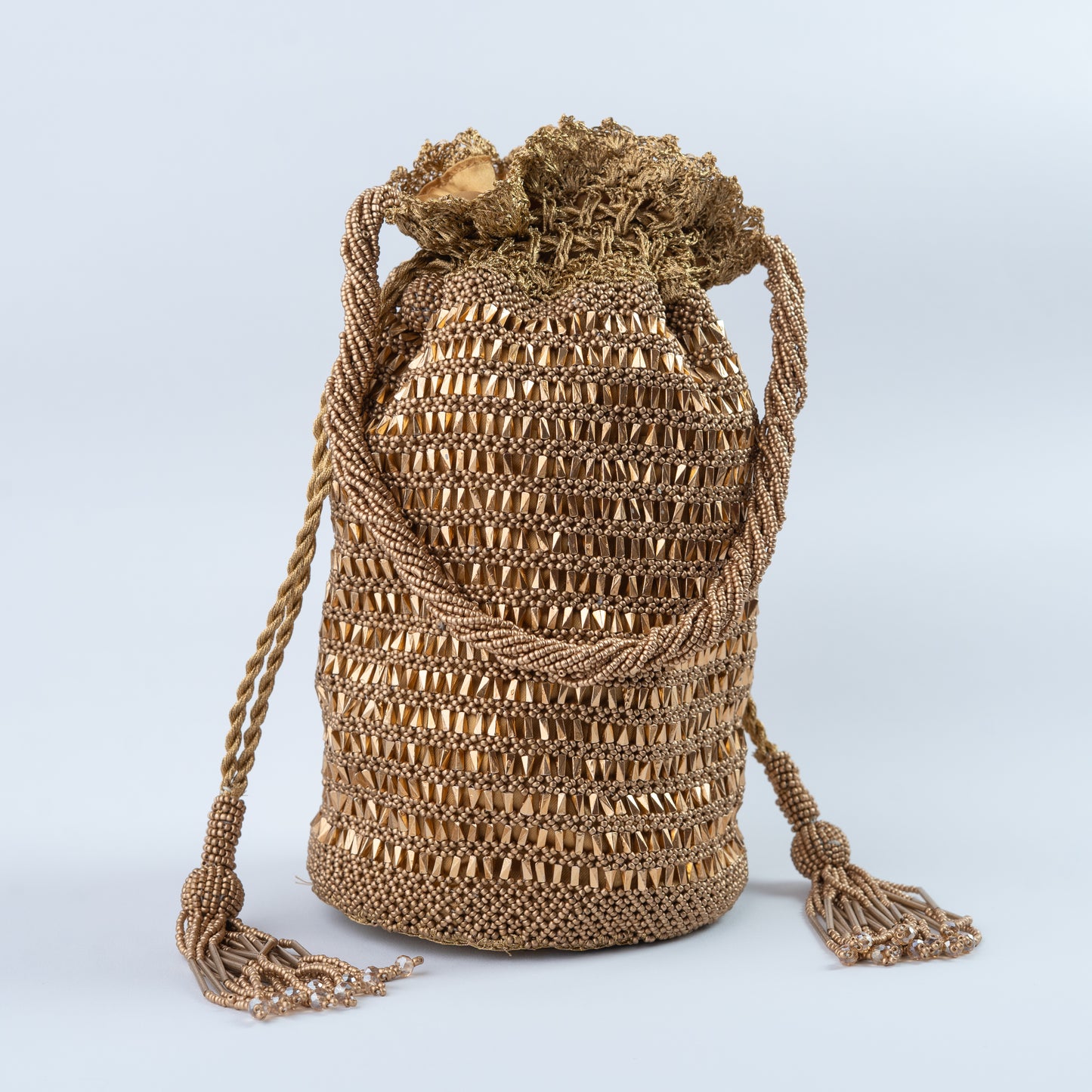 Golden Crochet Beaded Potli with Round Base