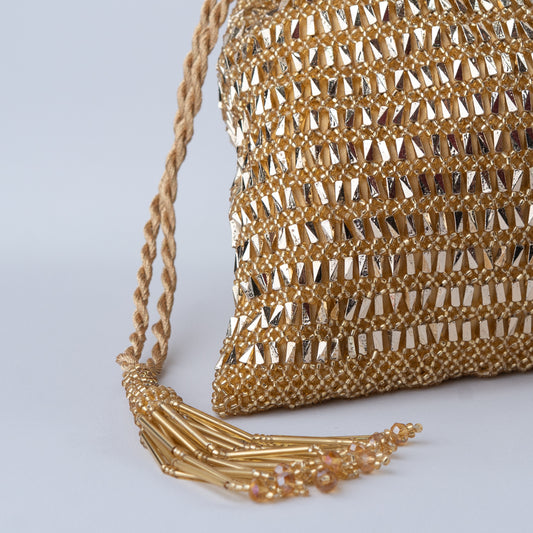 Bright Gold Crochet Beaded Potli