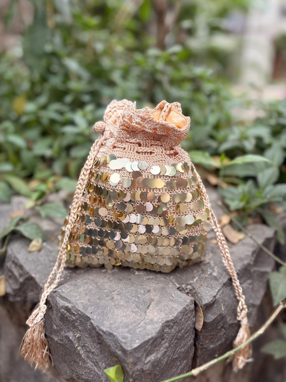Beige Crochet & Gold Sequin Potli Sling bag