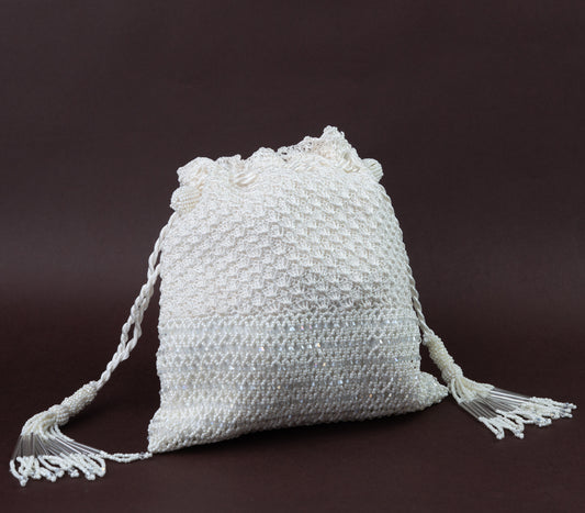 Elegant White Crochet & Beaded Potli