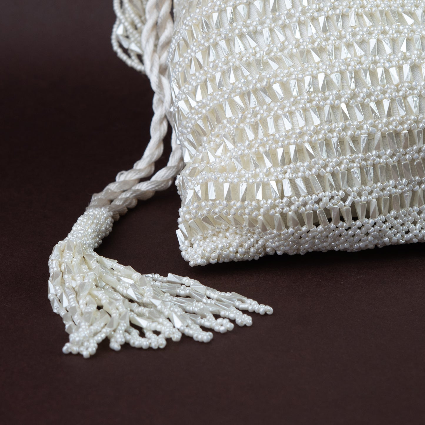 Handcrafted White Crochet & Beaded Potli