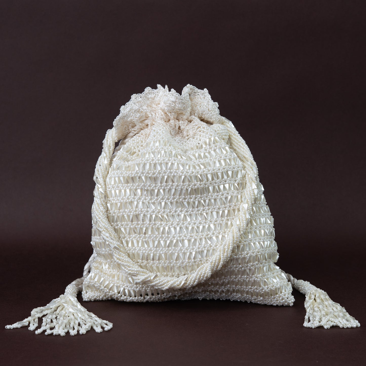 Handcrafted White Crochet & Beaded Potli