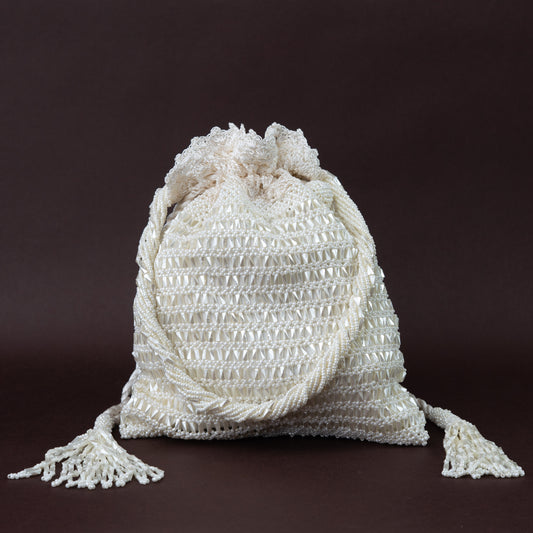 Handcrafted White Crochet & Beaded Potli
