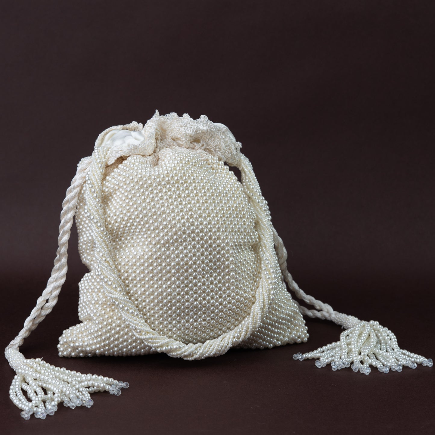 Full White Pearl & Crochet Potli