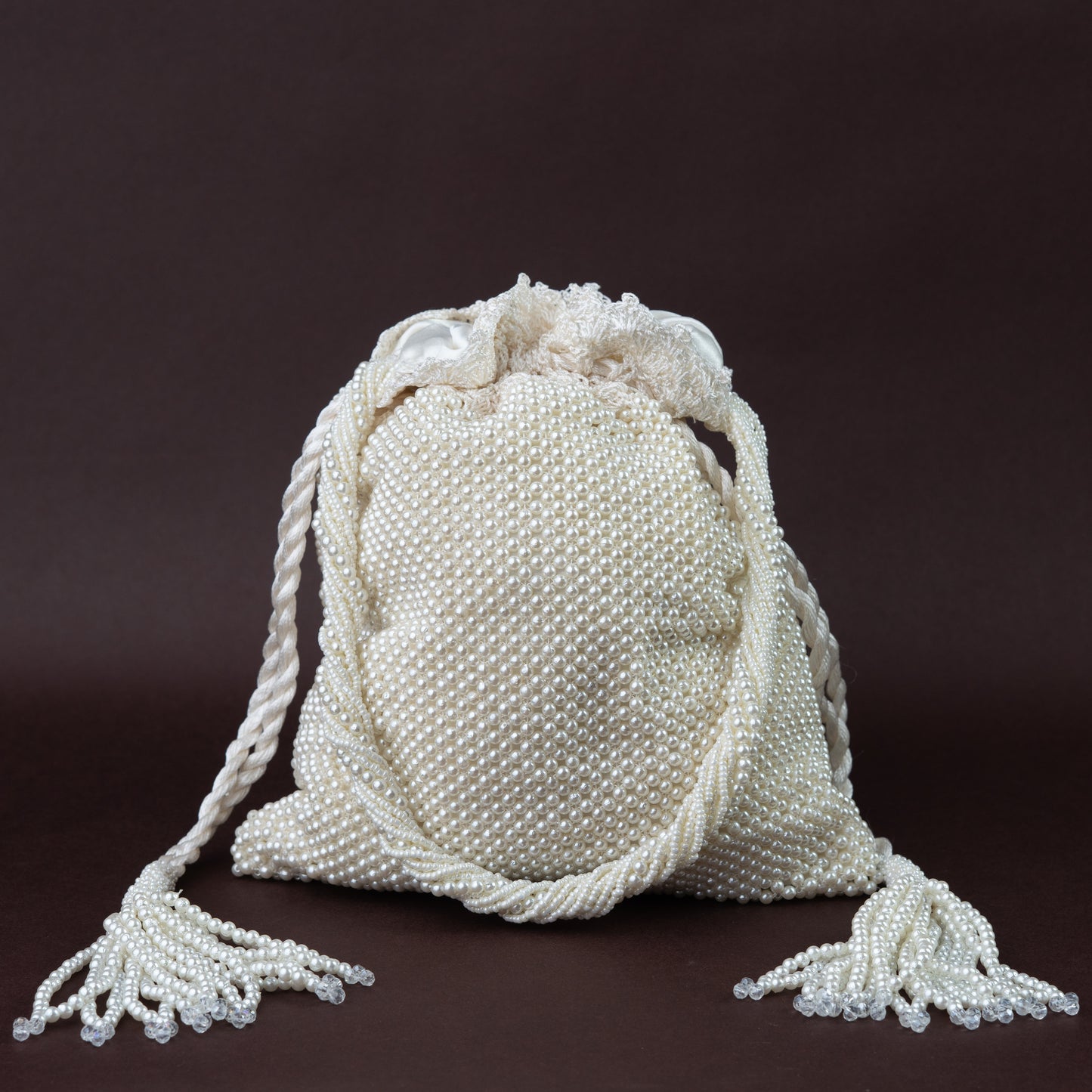 Full White Pearl & Crochet Potli