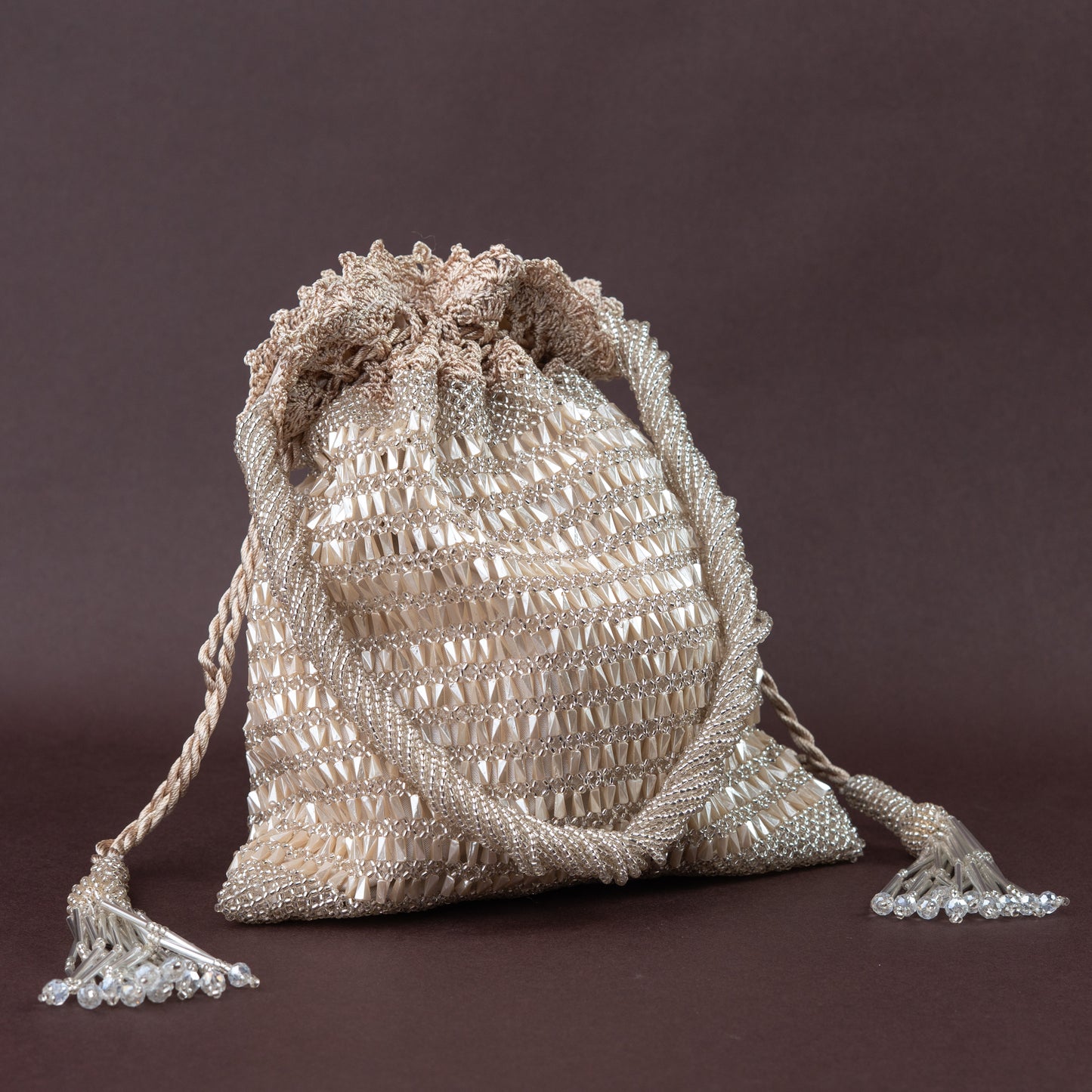 Champagne Full Beaded Crochet Potli