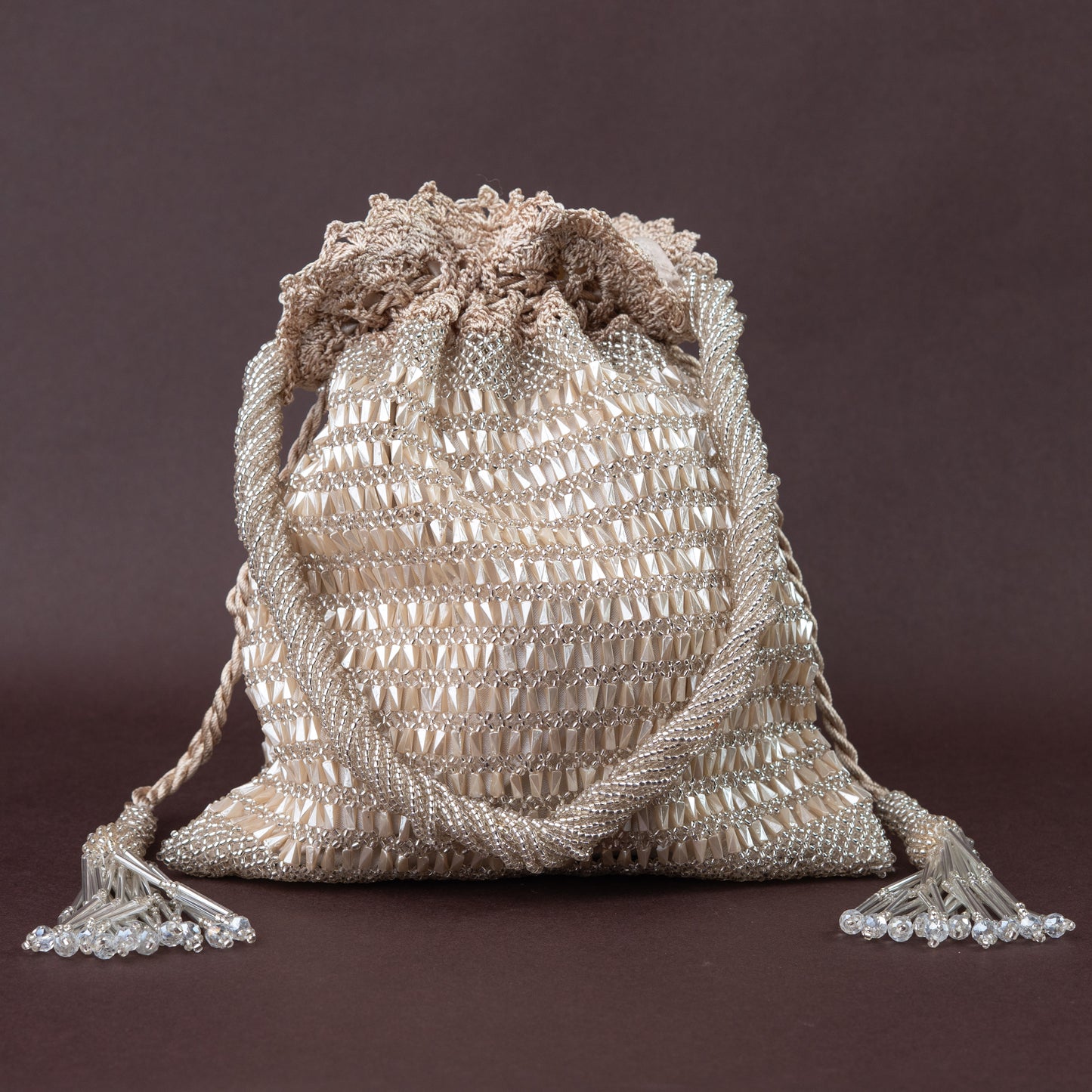 Champagne Full Beaded Crochet Potli