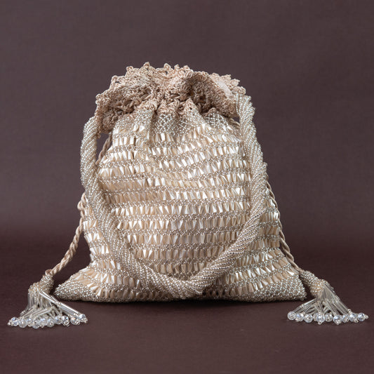 Champagne Full Beaded Crochet Potli