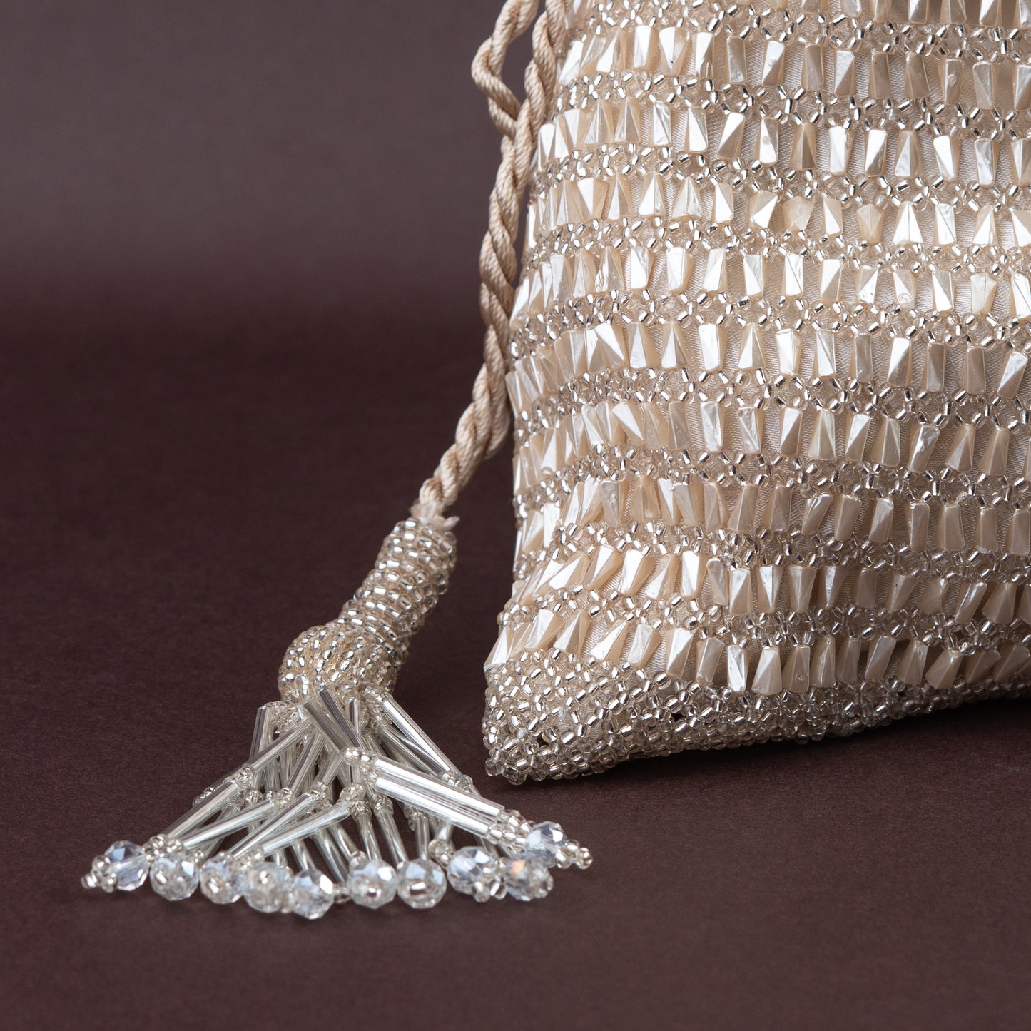 Champagne Full Beaded Crochet Potli