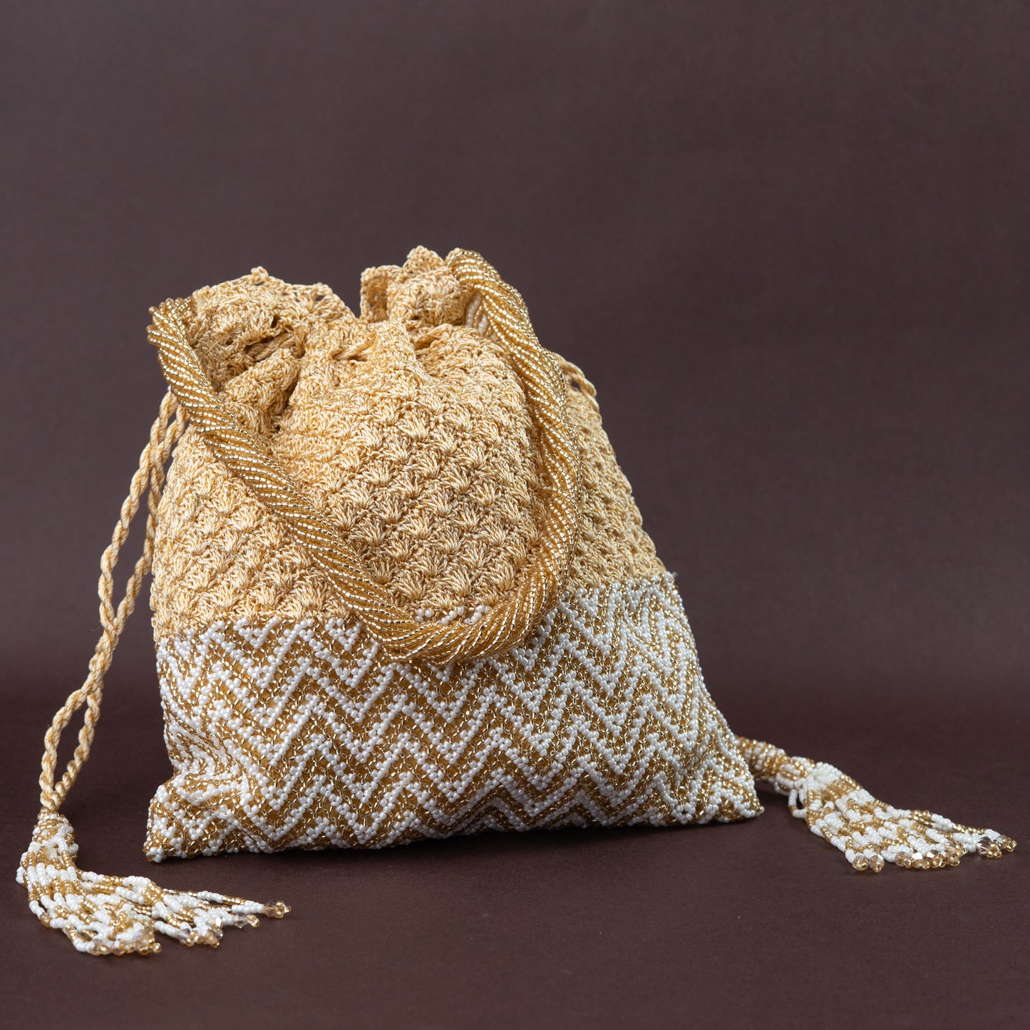 Beige Crochet & Ivory Beadwork Potli