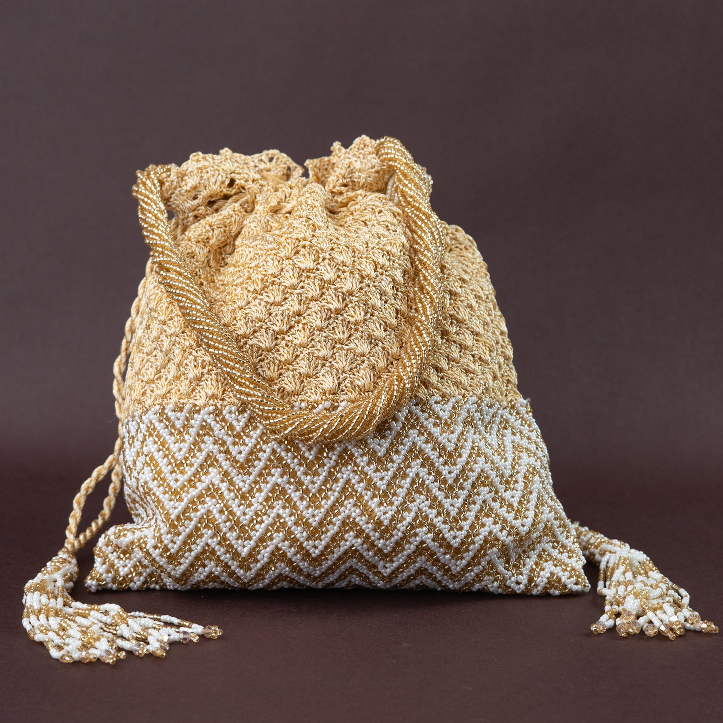 Beige Crochet & Ivory Beadwork Potli