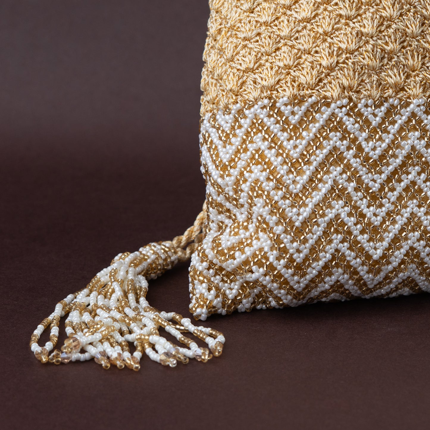 Beige Crochet & Ivory Beadwork Potli