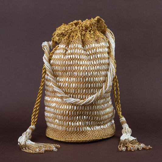 Gold & Ivory Beaded round base Crochet Potli