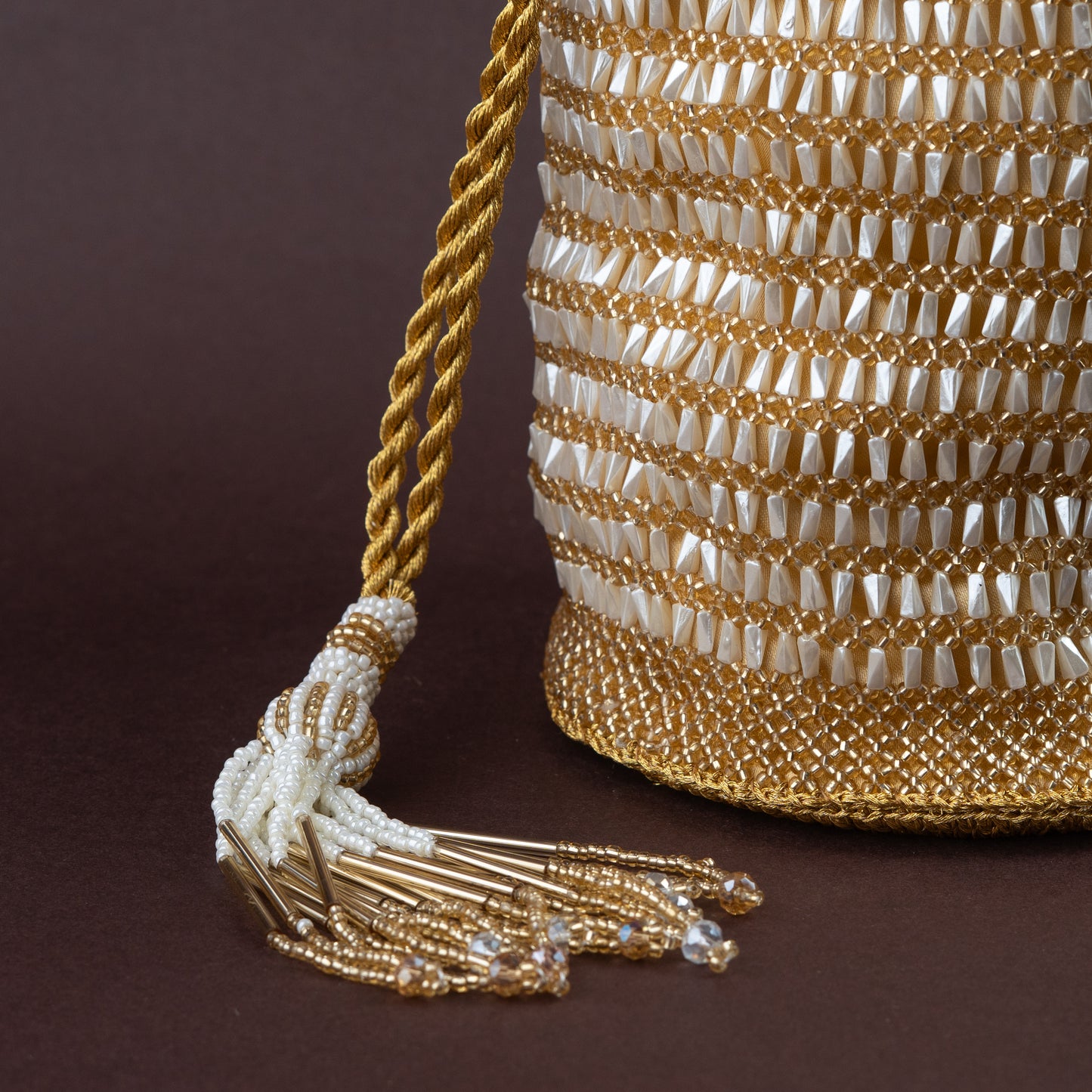 Gold & Ivory Beaded round base Crochet Potli