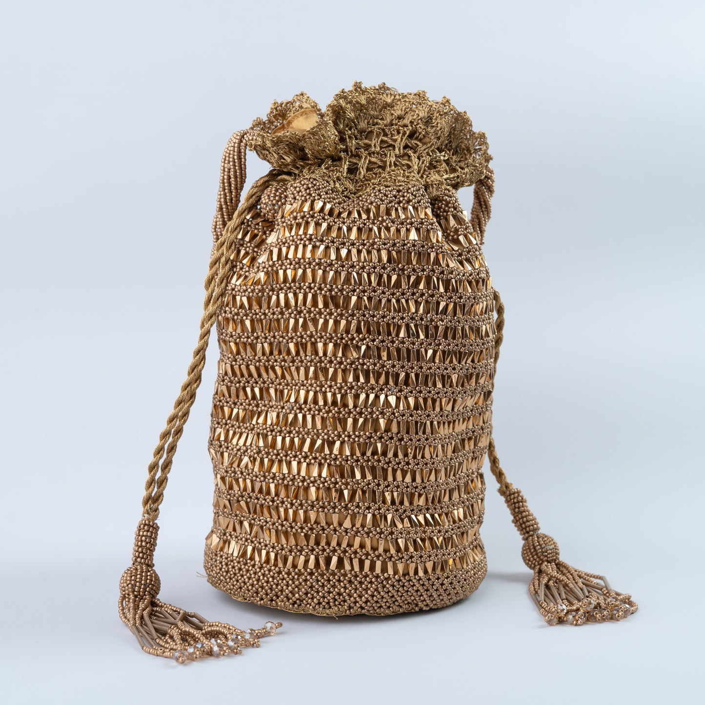 Golden Crochet Beaded Potli with Round Base