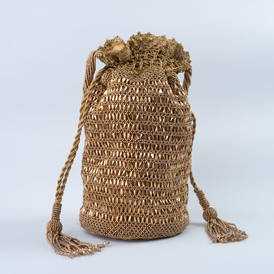 Golden Crochet Beaded Potli with Round Base