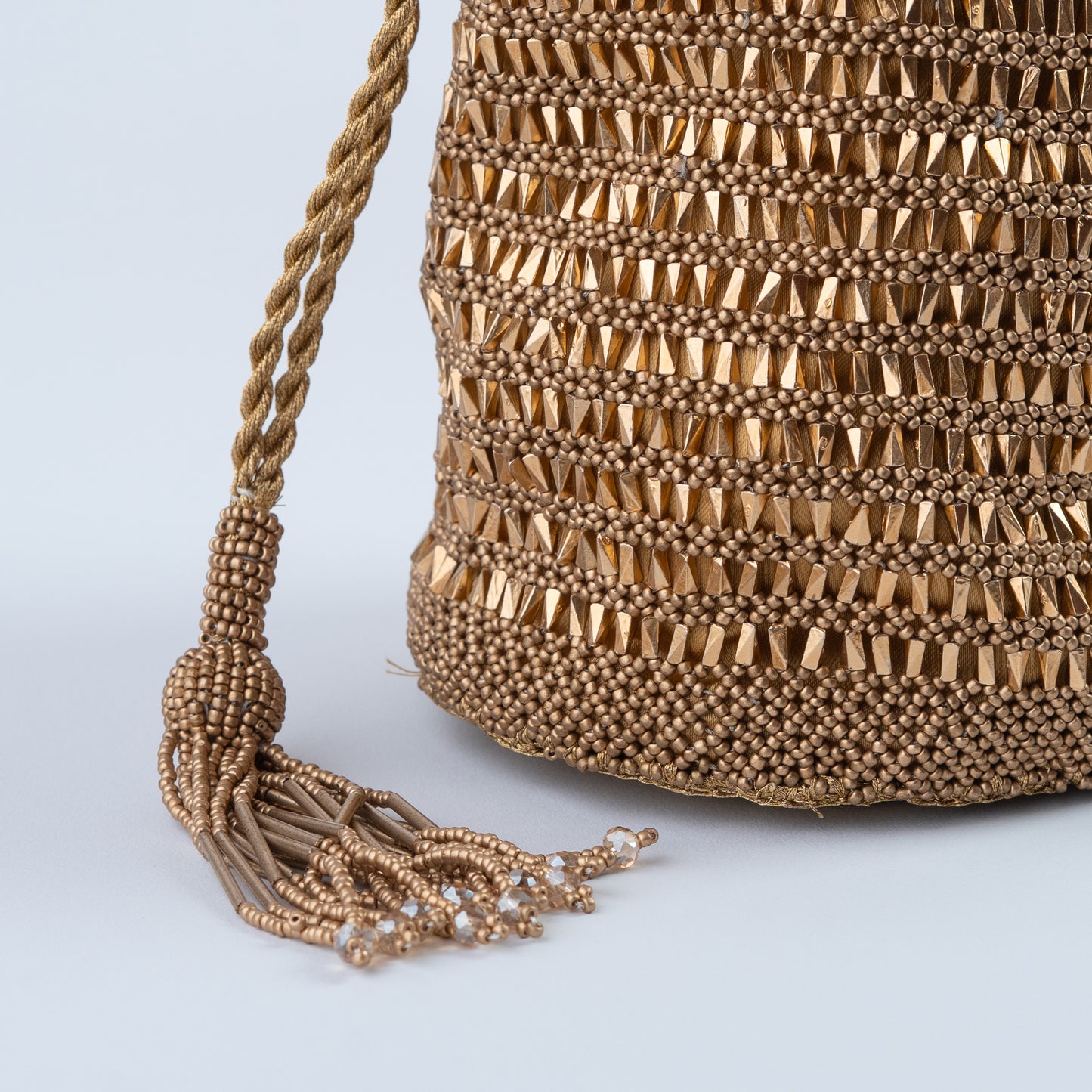 Golden Crochet Beaded Potli with Round Base