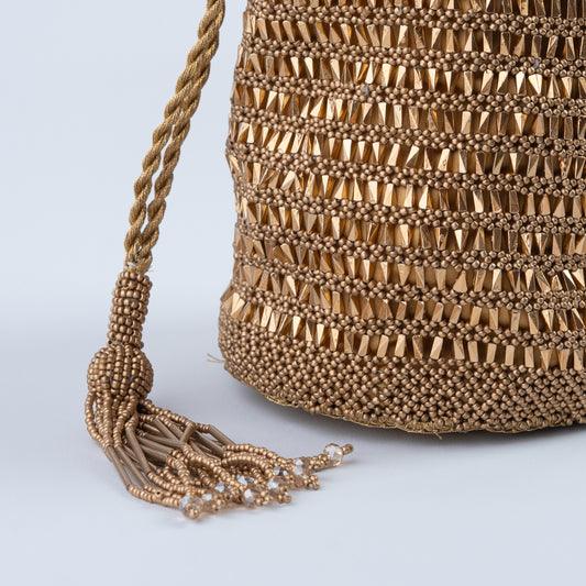 Golden Crochet Beaded Potli with Round Base