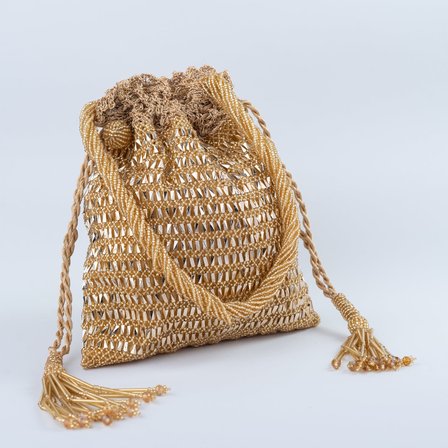 Bright Gold Crochet Beaded Potli