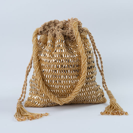 Bright Gold Crochet Beaded Potli