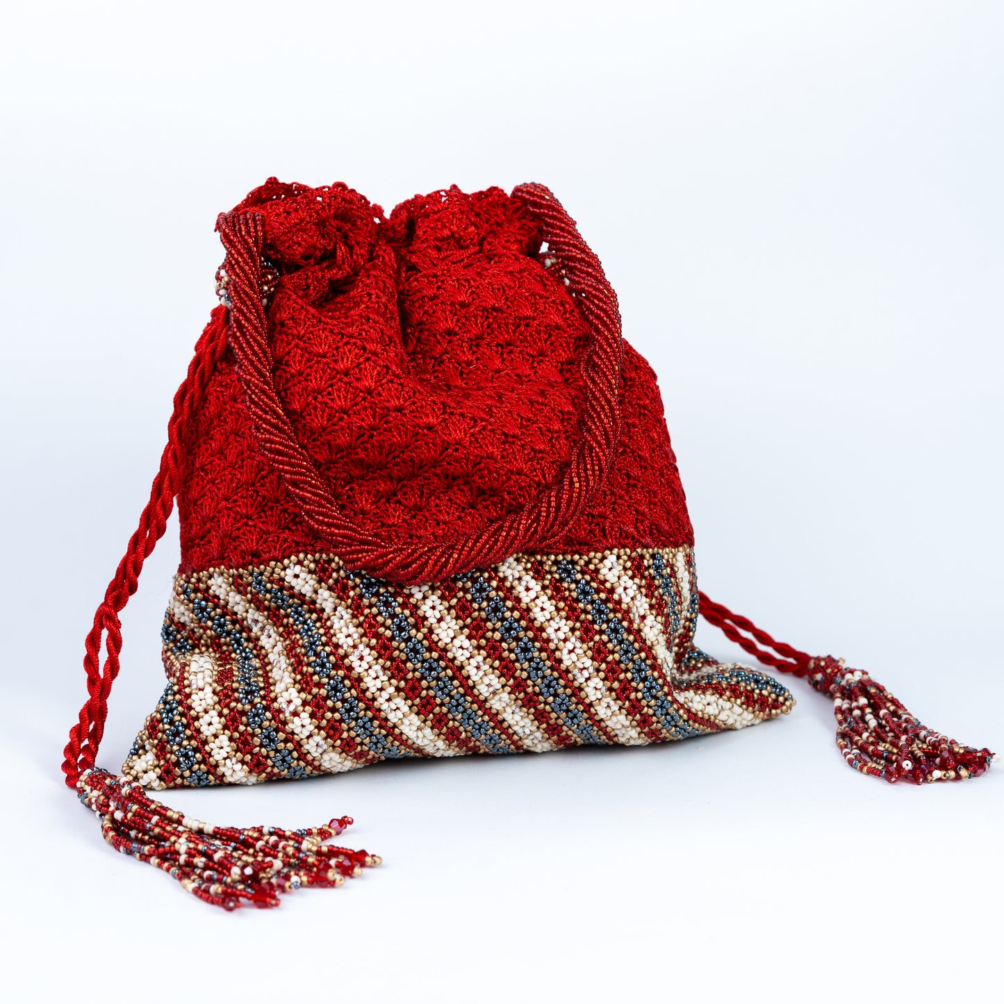 Red Crochet & Colourful Beads Potli