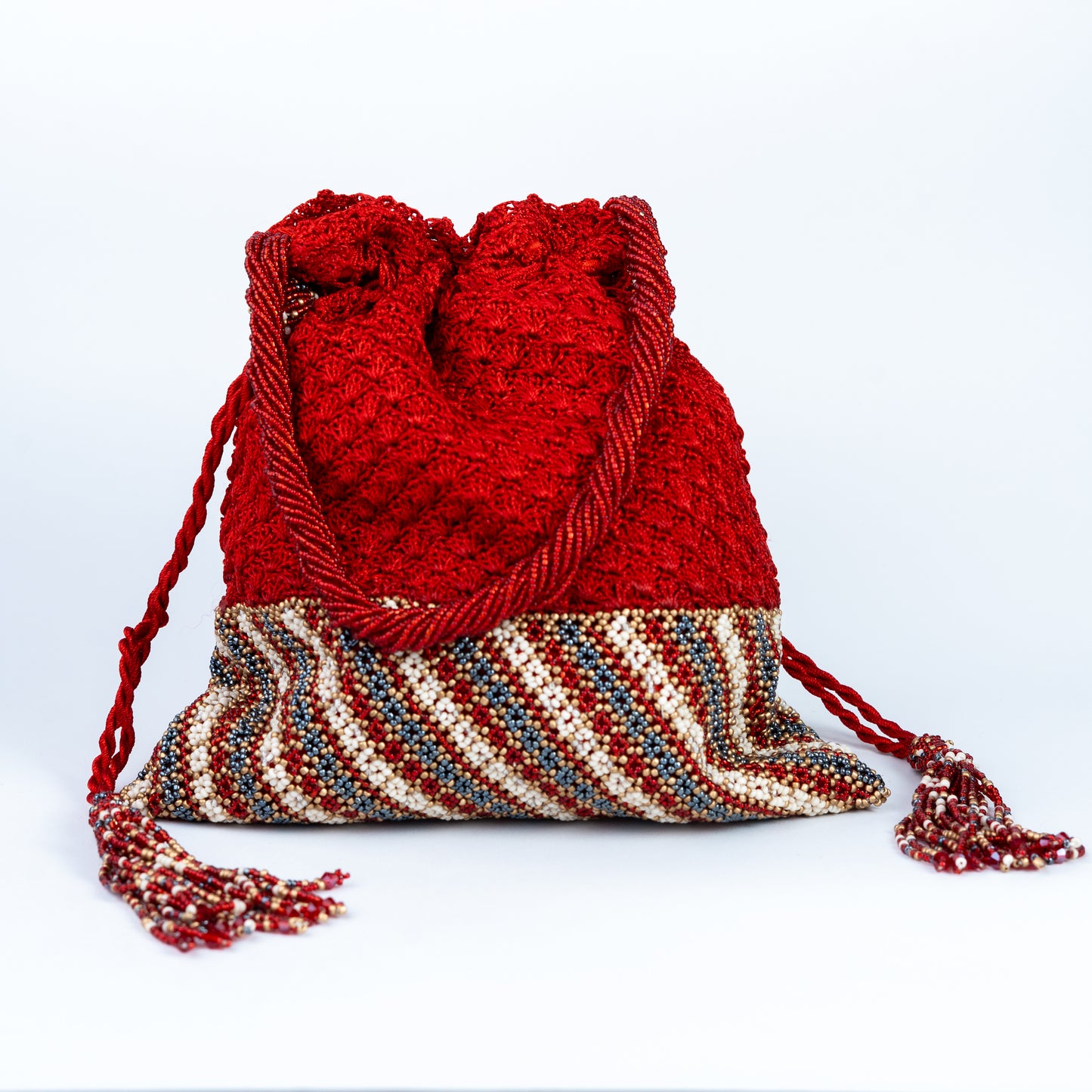 Red Crochet & Colourful Beads Potli