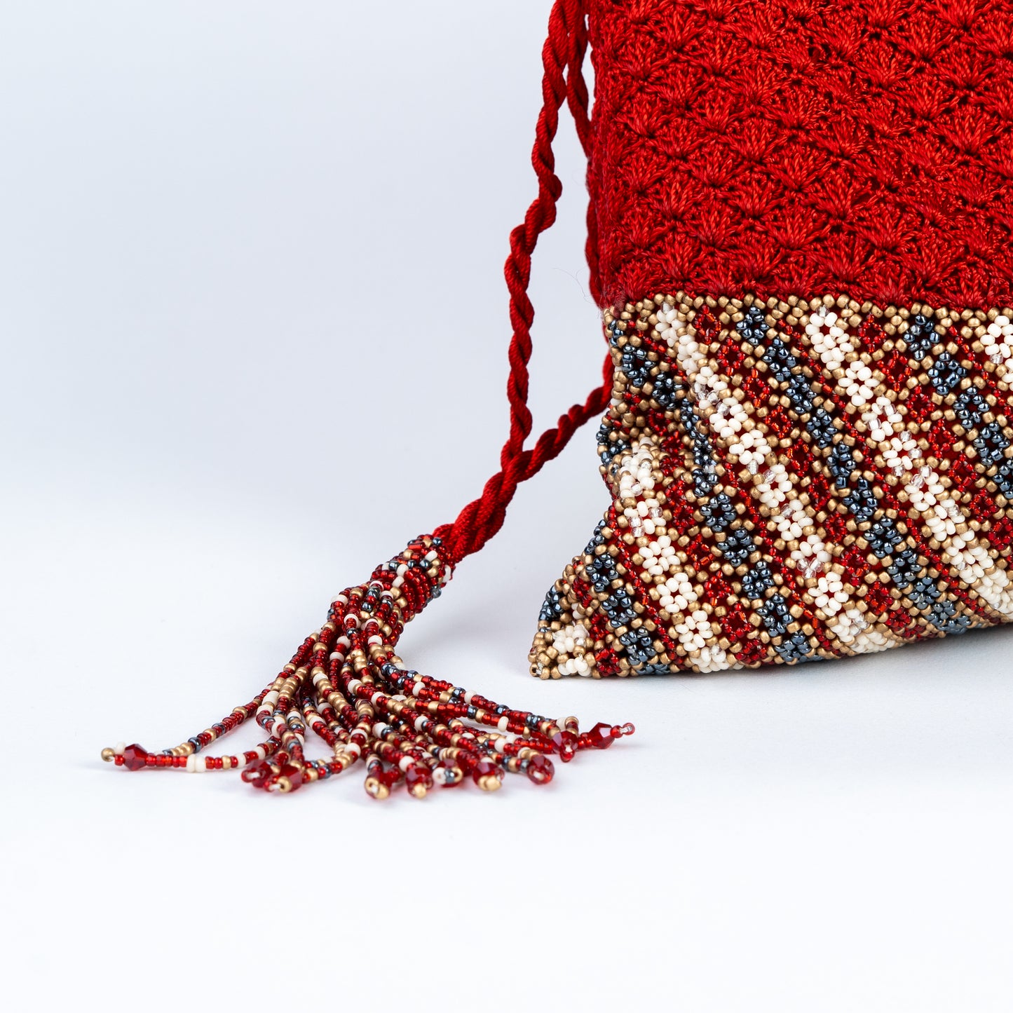 Red Crochet & Colourful Beads Potli