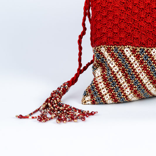 Red Crochet & Colourful Beads Potli