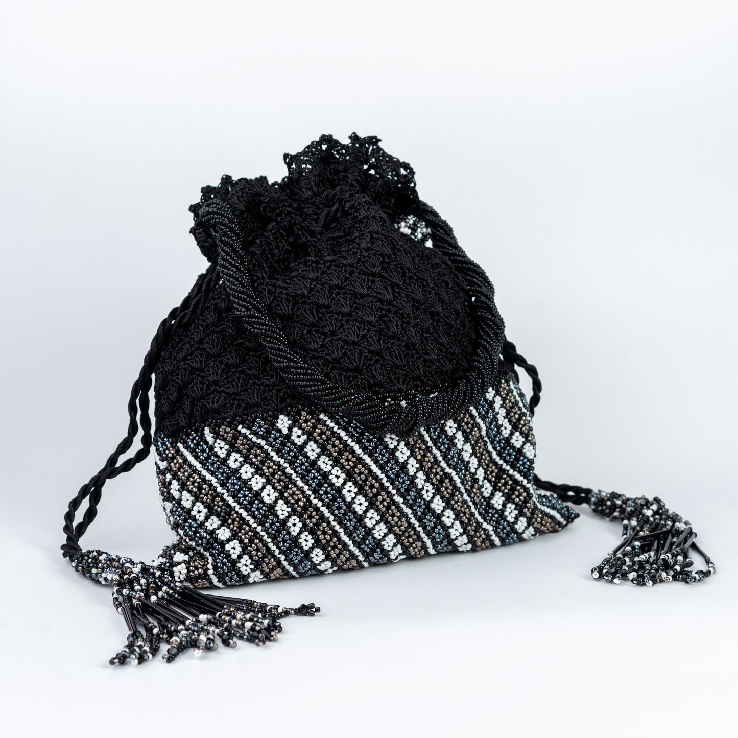 Black Crochet & Beaded Potli with White Accents