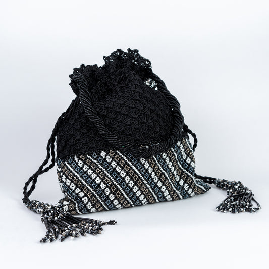 Black Crochet & Beaded Potli with White Accents