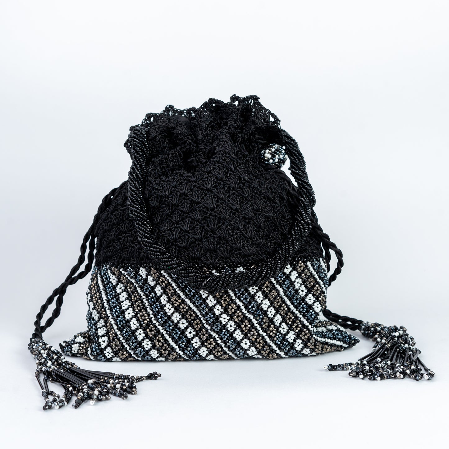 Black Crochet & Beaded Potli with White Accents