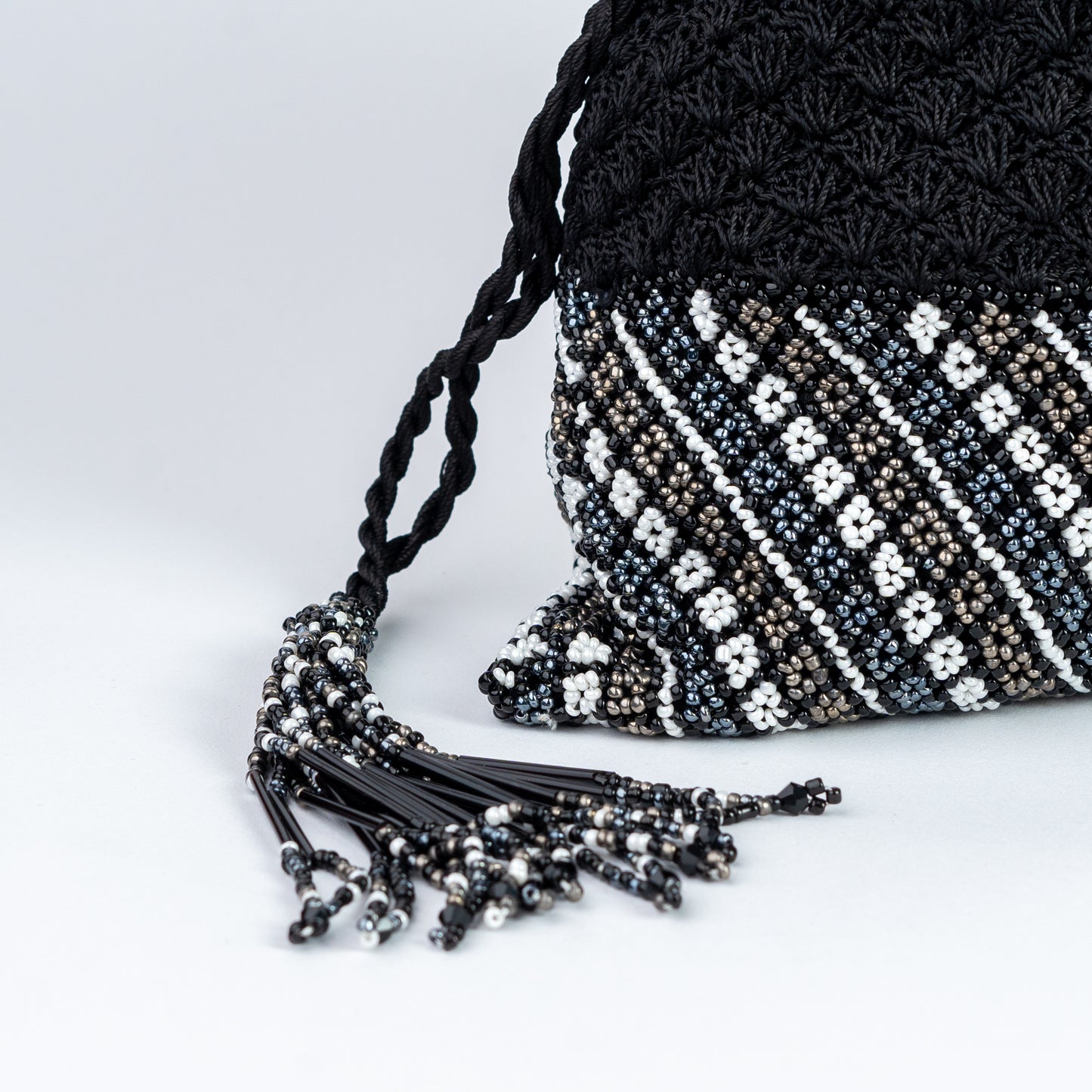 Black Crochet & Beaded Potli with White Accents