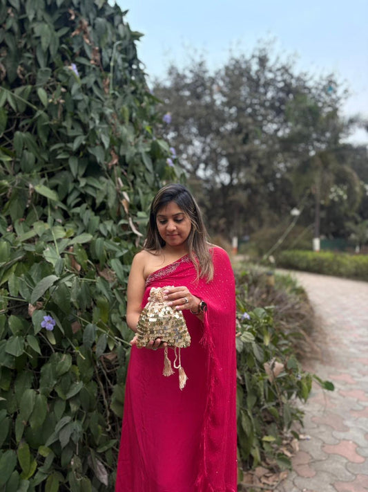 Beige Crochet & Gold Sequin Potli Sling bag