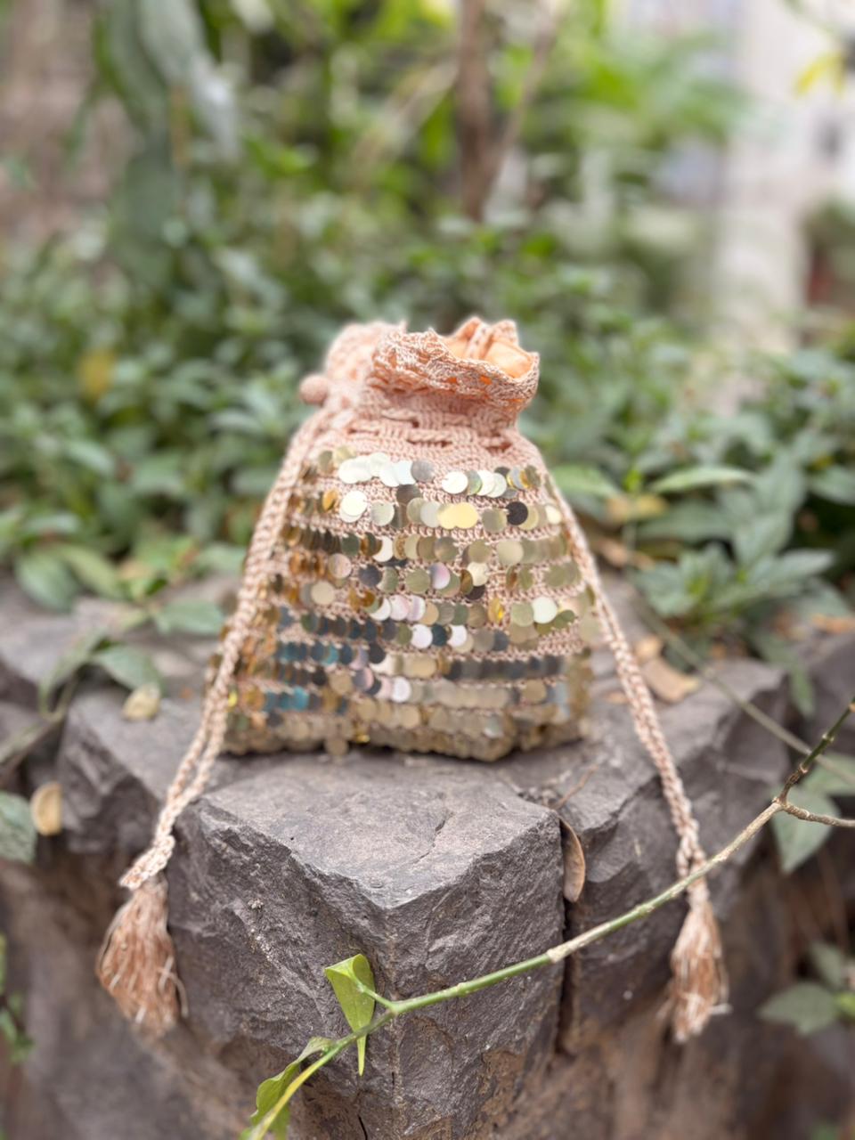 Beige Crochet & Gold Sequin Potli Sling bag