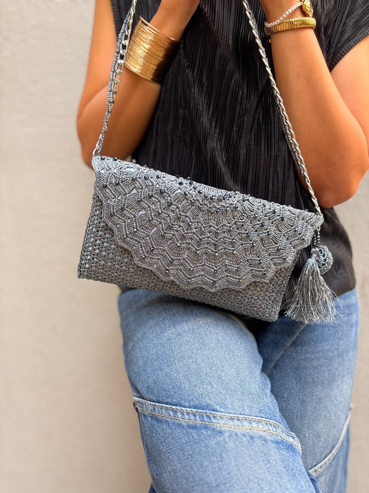 Evening Grey Blush Lace Crochet Sling Clutch
