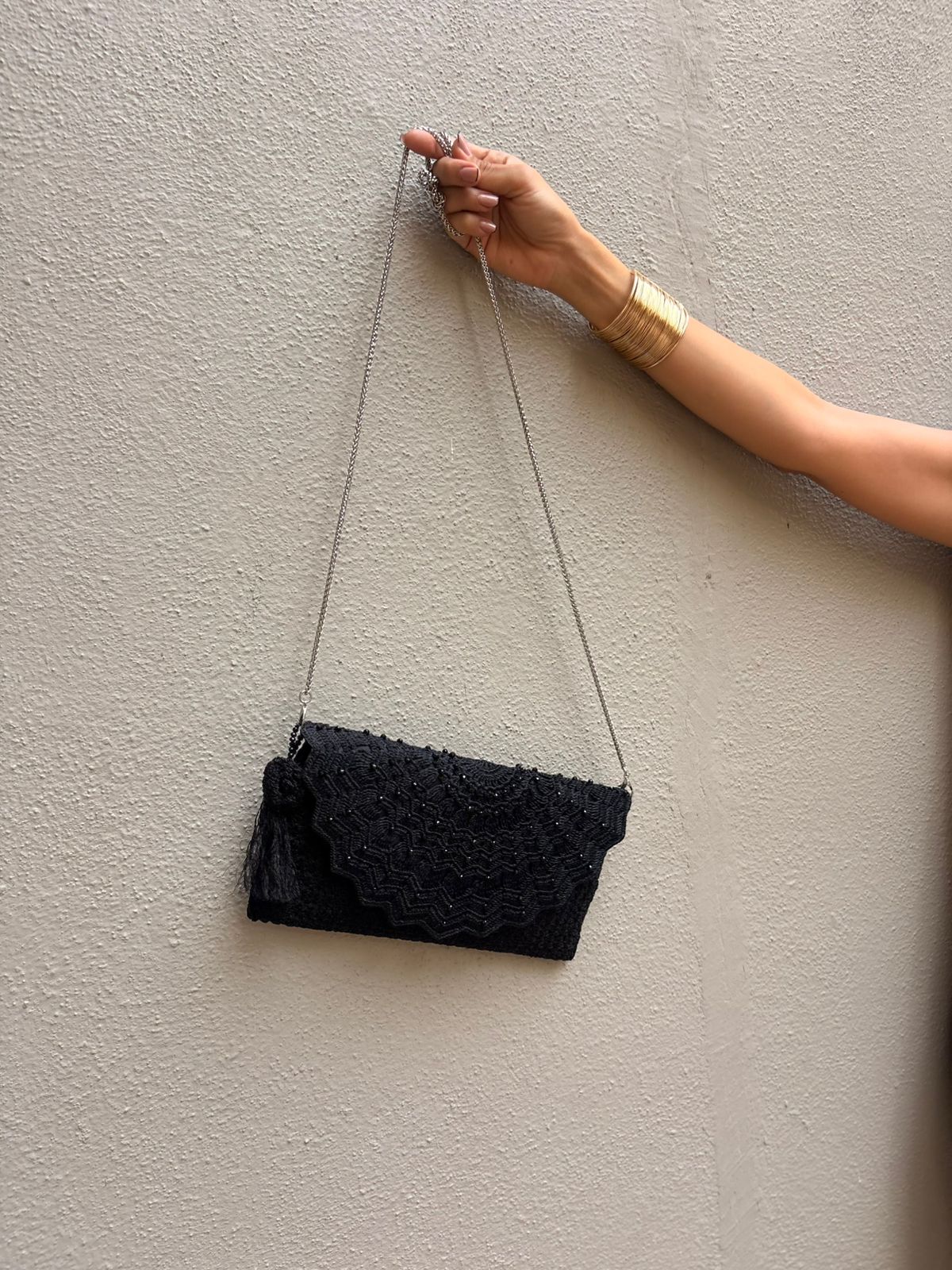 Midnight Black Blush Lace Crochet Sling Clutch