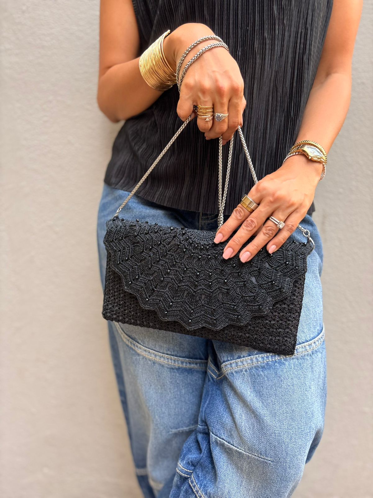 Midnight Black Blush Lace Crochet Sling Clutch