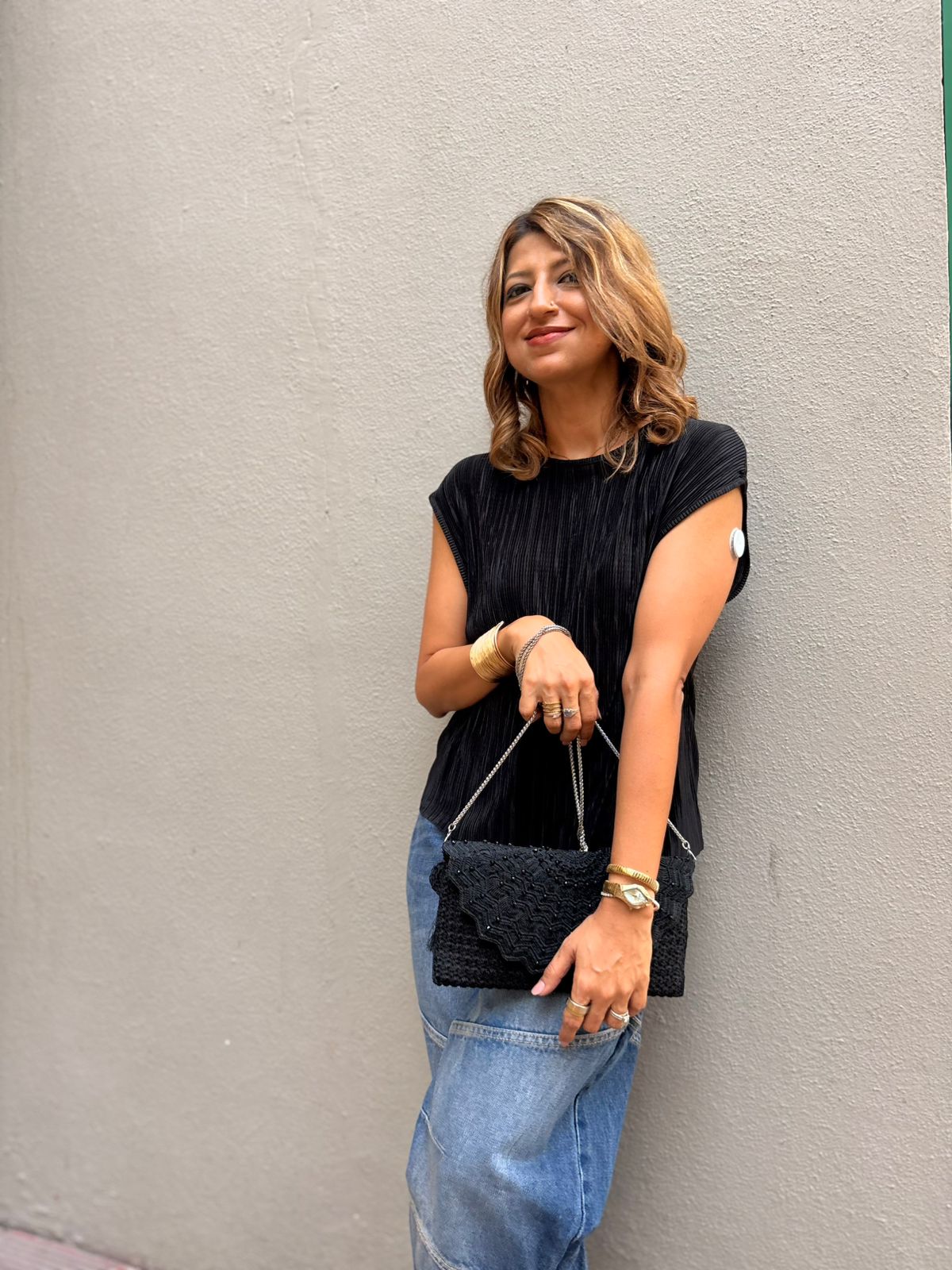 Midnight Black Blush Lace Crochet Sling Clutch
