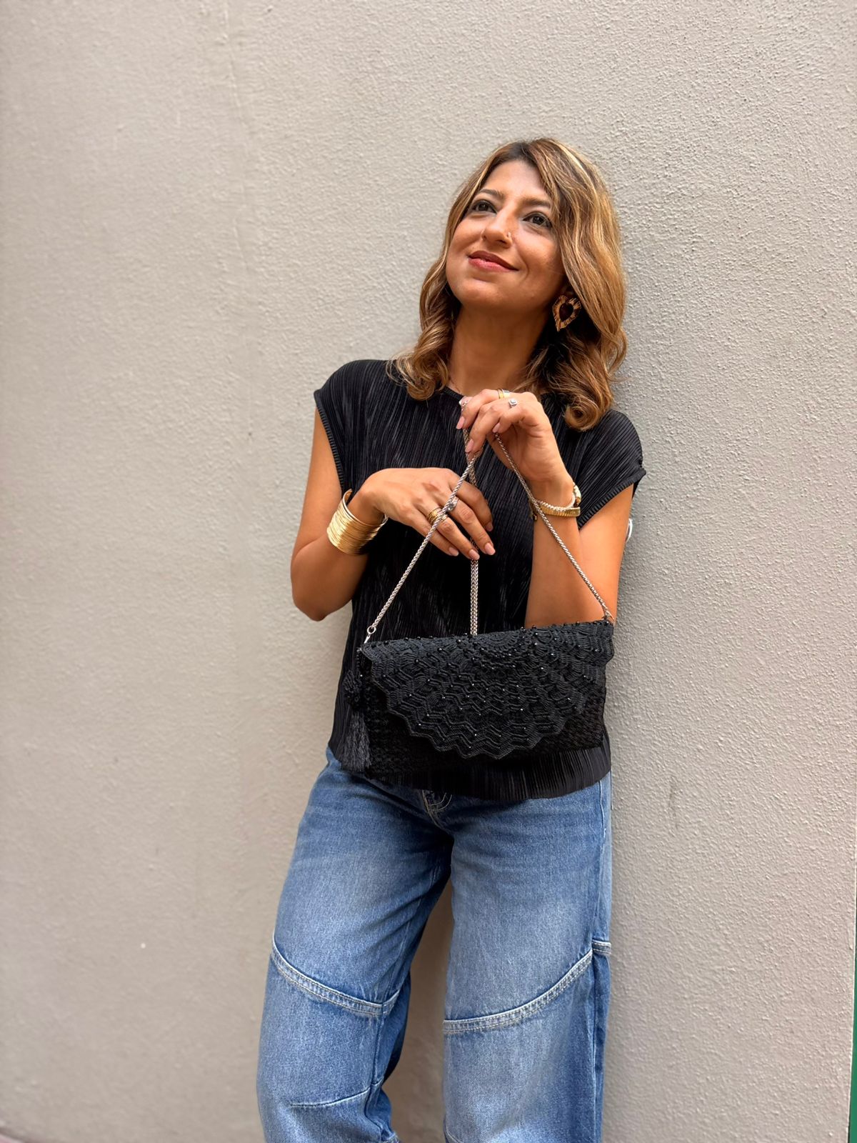 Midnight Black Blush Lace Crochet Sling Clutch