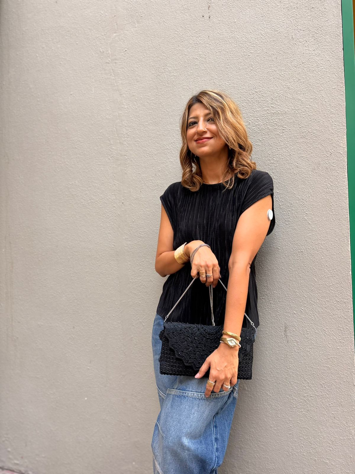 Midnight Black Blush Lace Crochet Sling Clutch