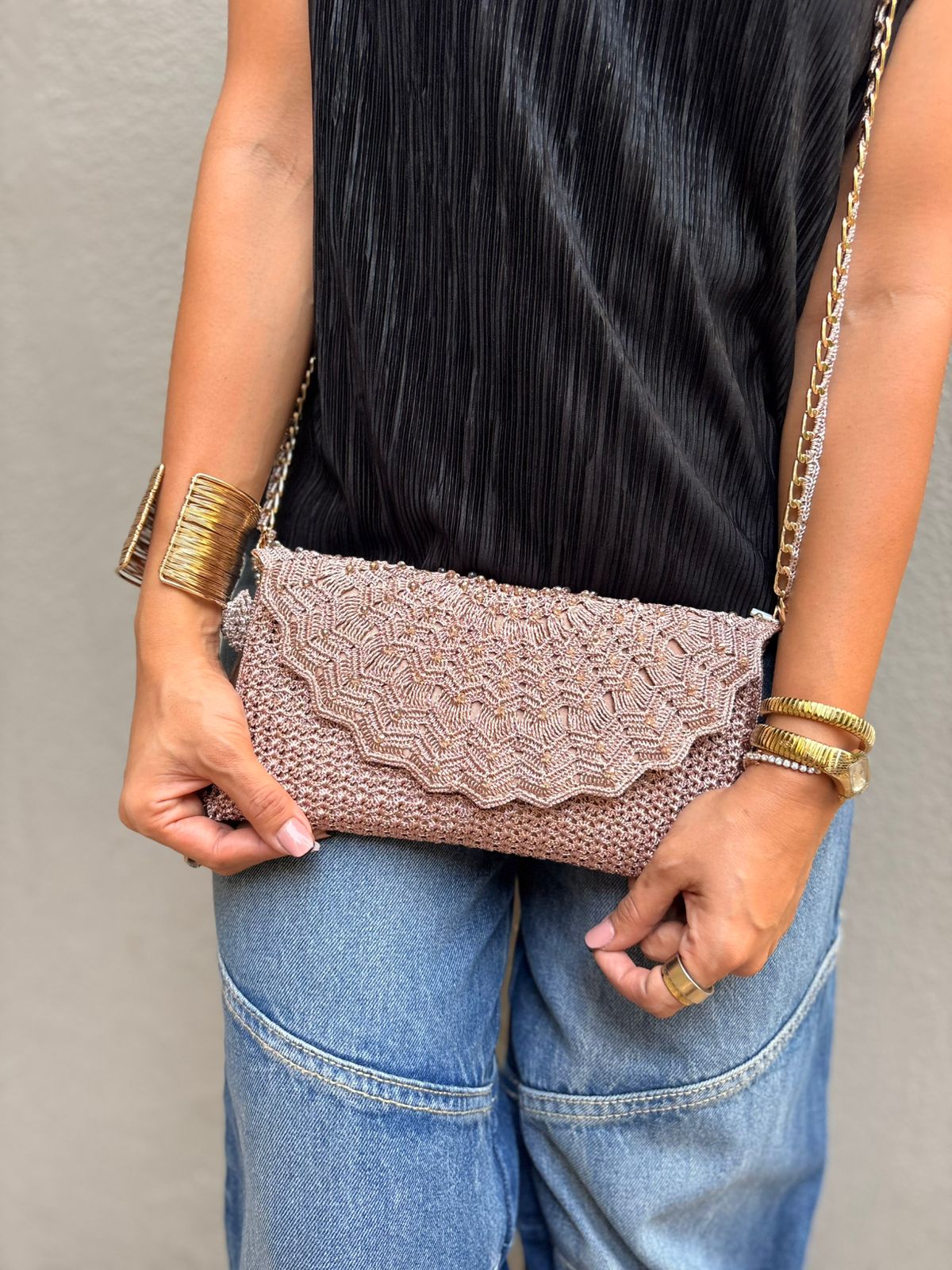 Rose Pink Blush Lace Crochet Sling Clutch