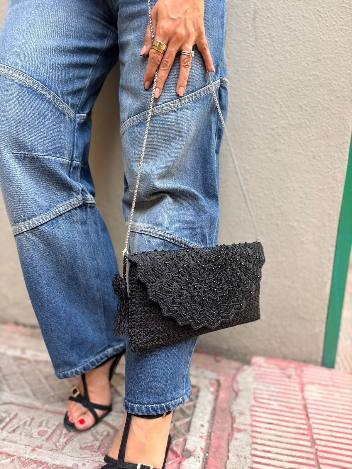 Midnight Black Blush Lace Crochet Sling Clutch