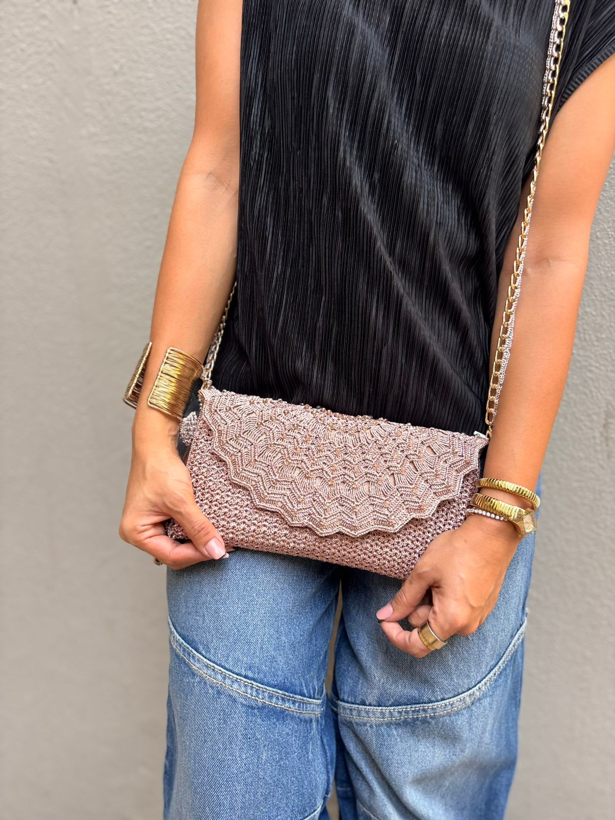 Rose Pink Blush Lace Crochet Sling Clutch