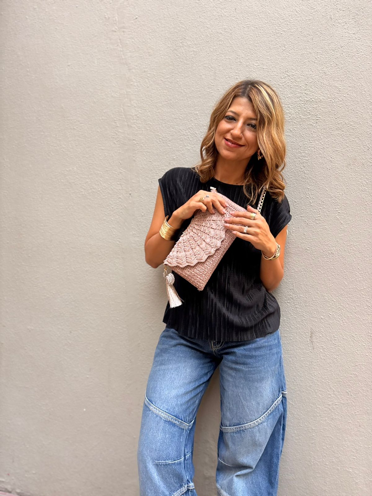 Rose Pink Blush Lace Crochet Sling Clutch