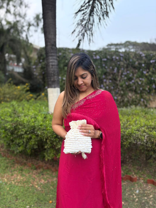 White Crochet & White Sequin Potli Sling Bag