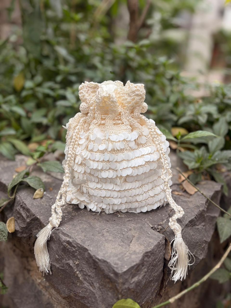 White Crochet & White Sequin Potli Sling Bag