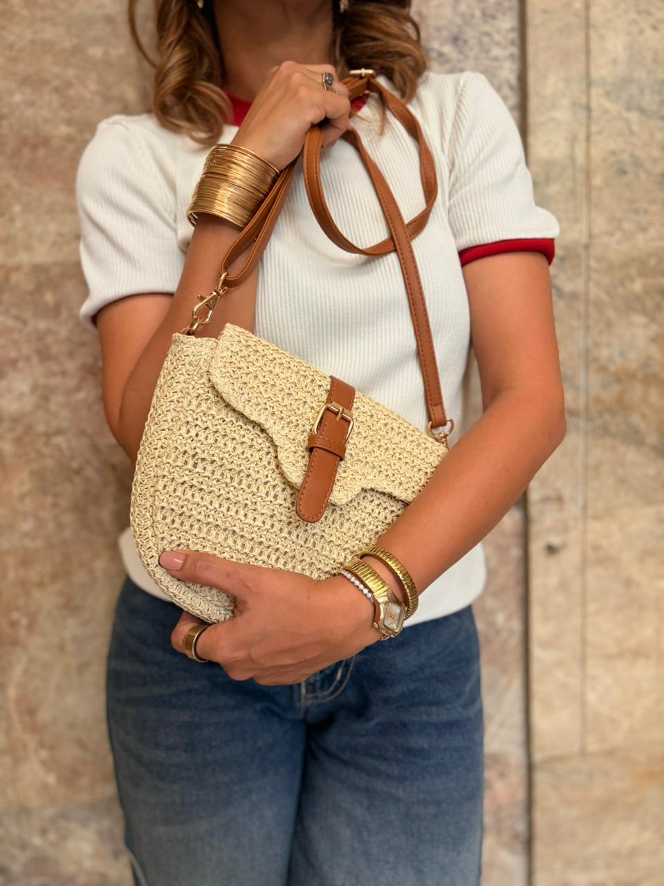 Beige Woven Crossbody Bag