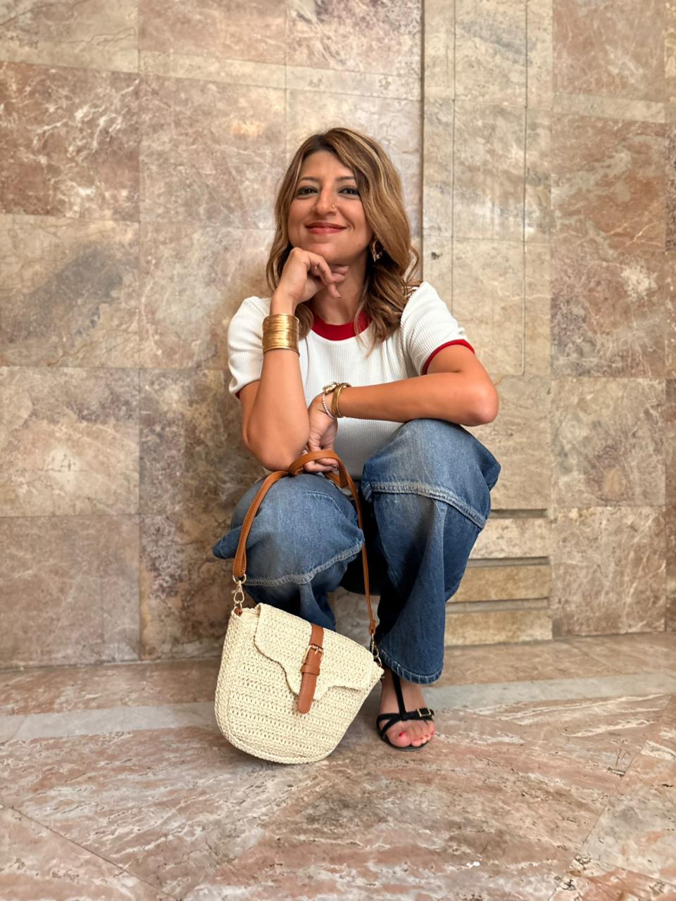 Beige Woven Crossbody Bag